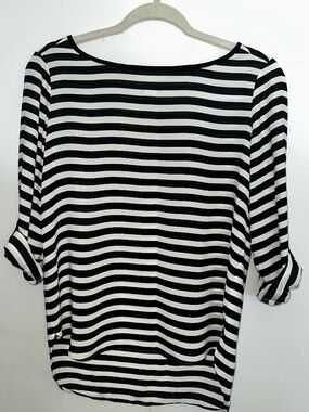 LOFT | Black White Striped Roll Tab Sleeve Blouse | XSP